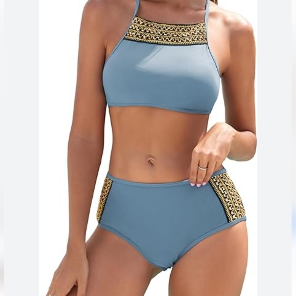 ZAFUL Glitter Trim Blue High Waisted High Neck Crisscross Bikini Size M